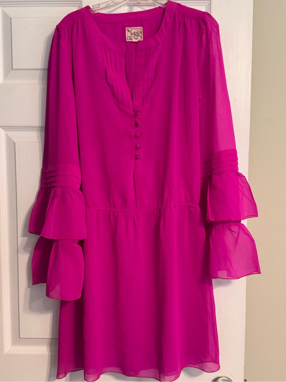 Noveau Pink Chiffon Magenta Double Ruffle Bell Sleeve Button V-neck Mini Dress S
